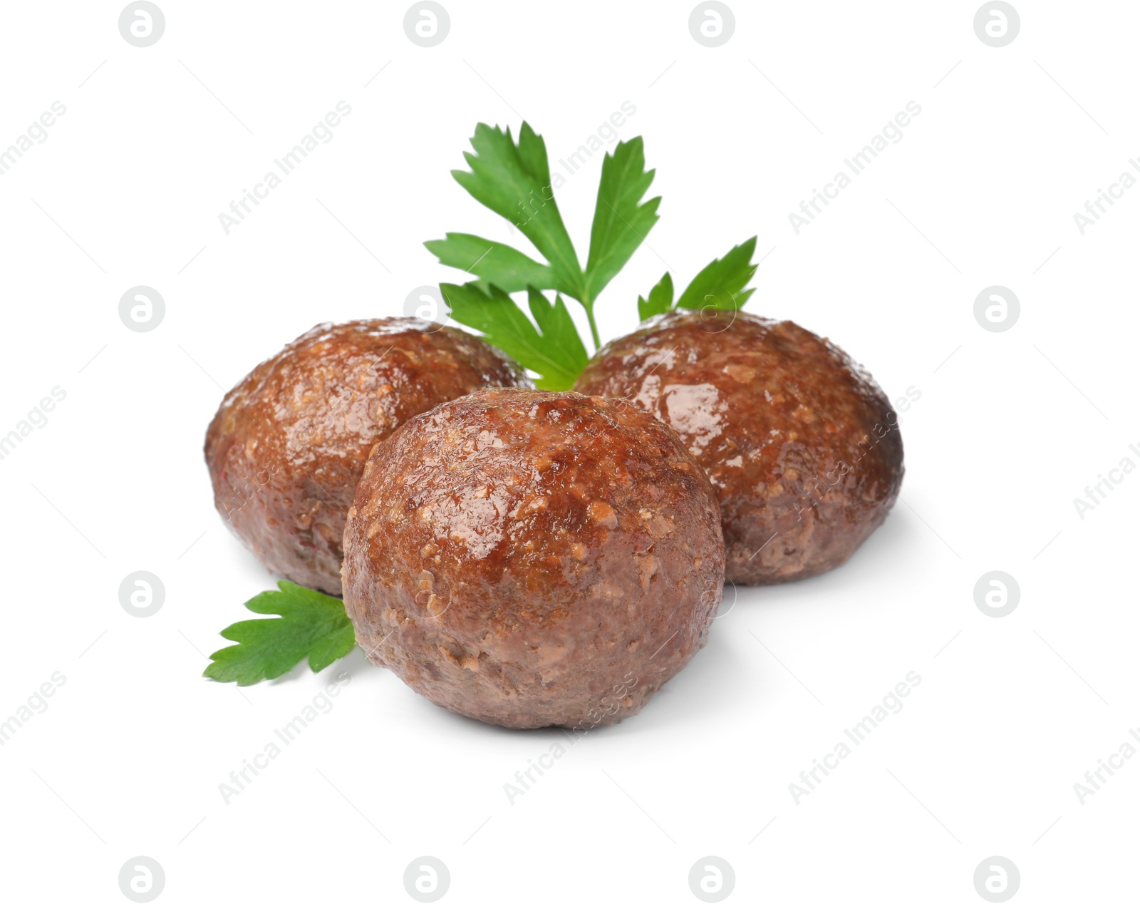 Photo of Tasty cooked meatballs with parsley on white background