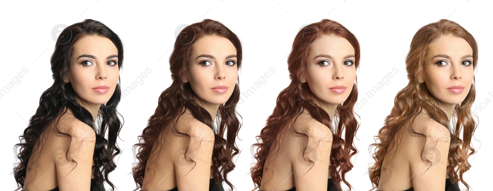 Image of Collage with photos of beautiful young woman with different hair colors on white background. Banner design