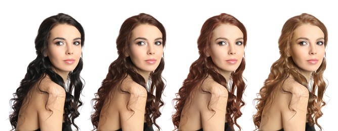 Collage with photos of beautiful young woman with different hair colors on white background. Banner design