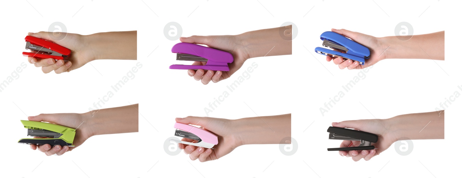 Image of Woman holding colorful staplers isolated on white, collection of photos