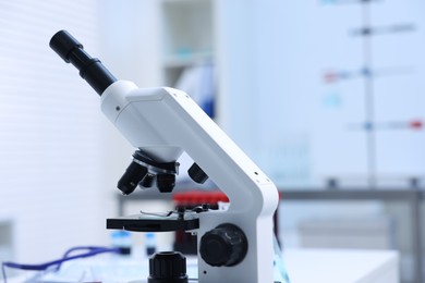 Photo of Modern medical microscope in laboratory, closeup. Space for text