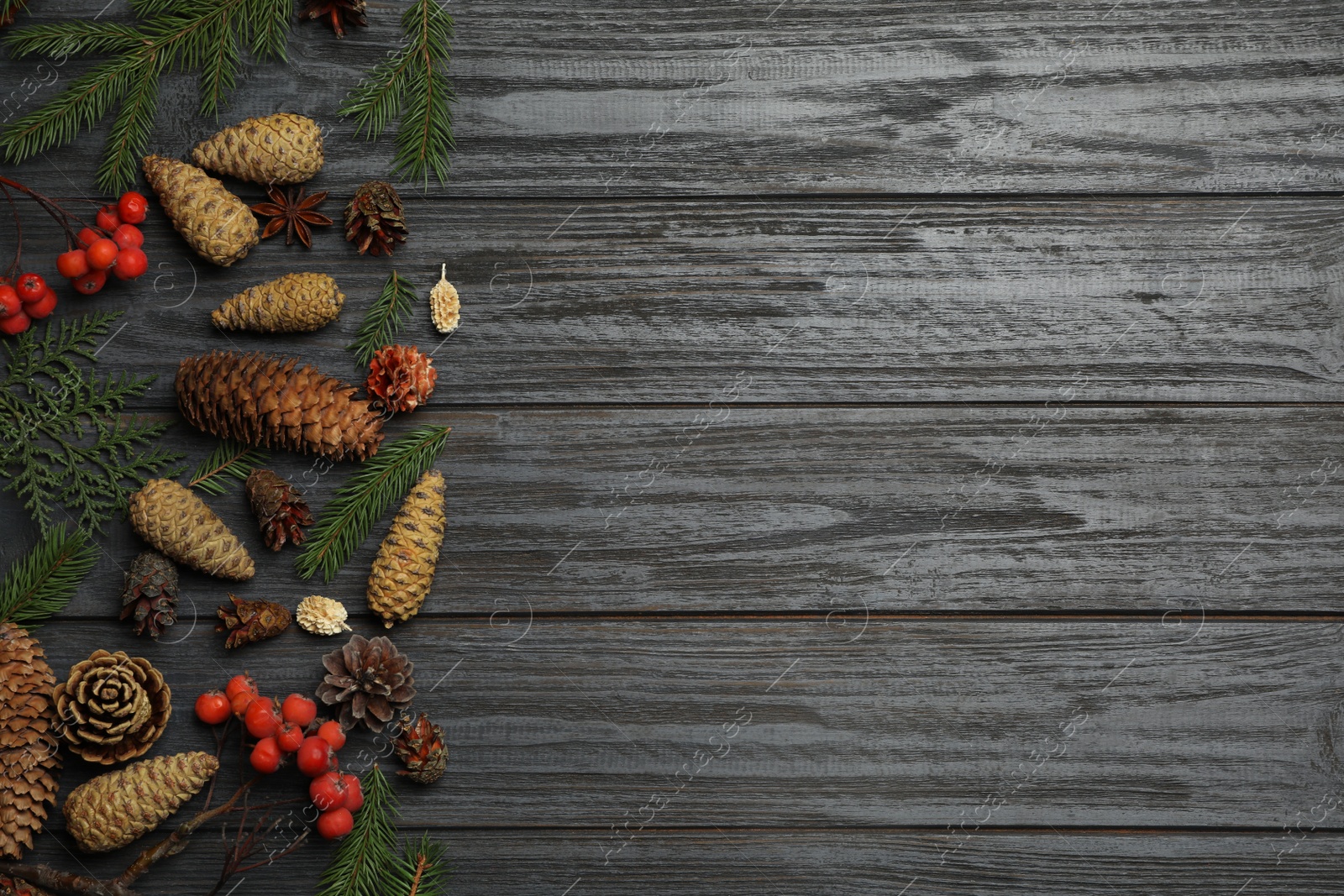 Photo of Flat lay composition with pinecones on black wooden background, space for text