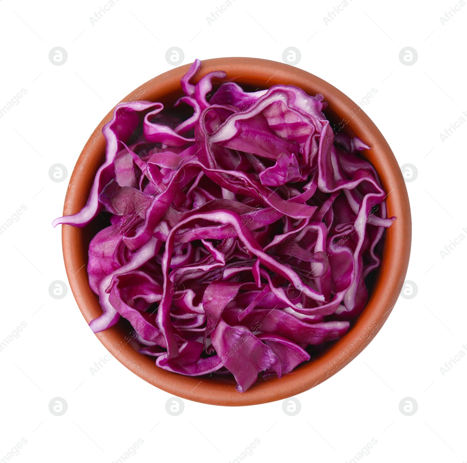 Photo of Bowl with shredded red cabbage isolated on white, top view