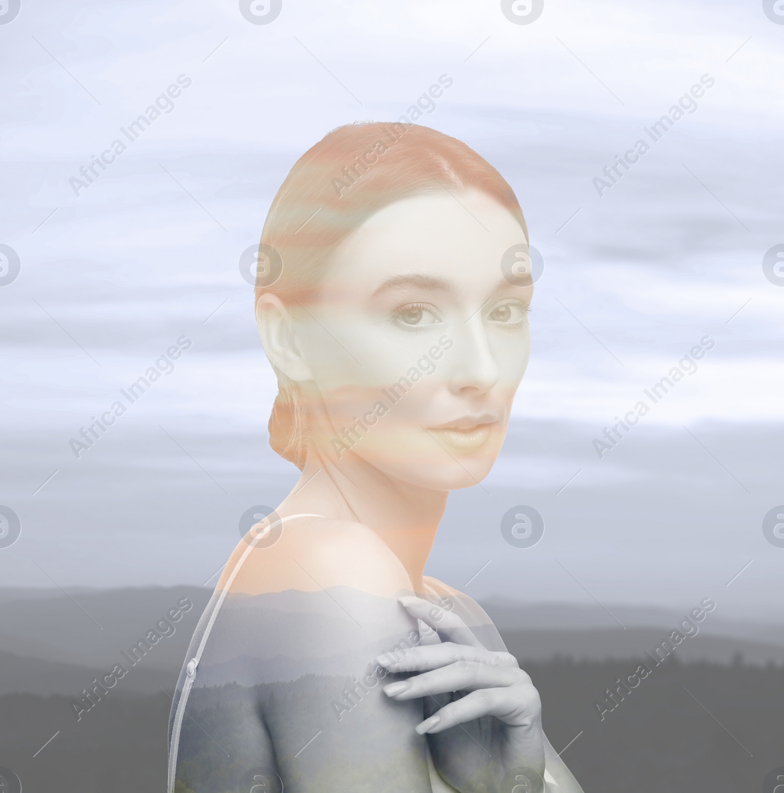 Image of Beautiful woman and picturesque landscape, double exposure