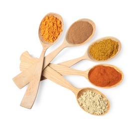 Photo of Wooden spoons with different spices on white background, top view