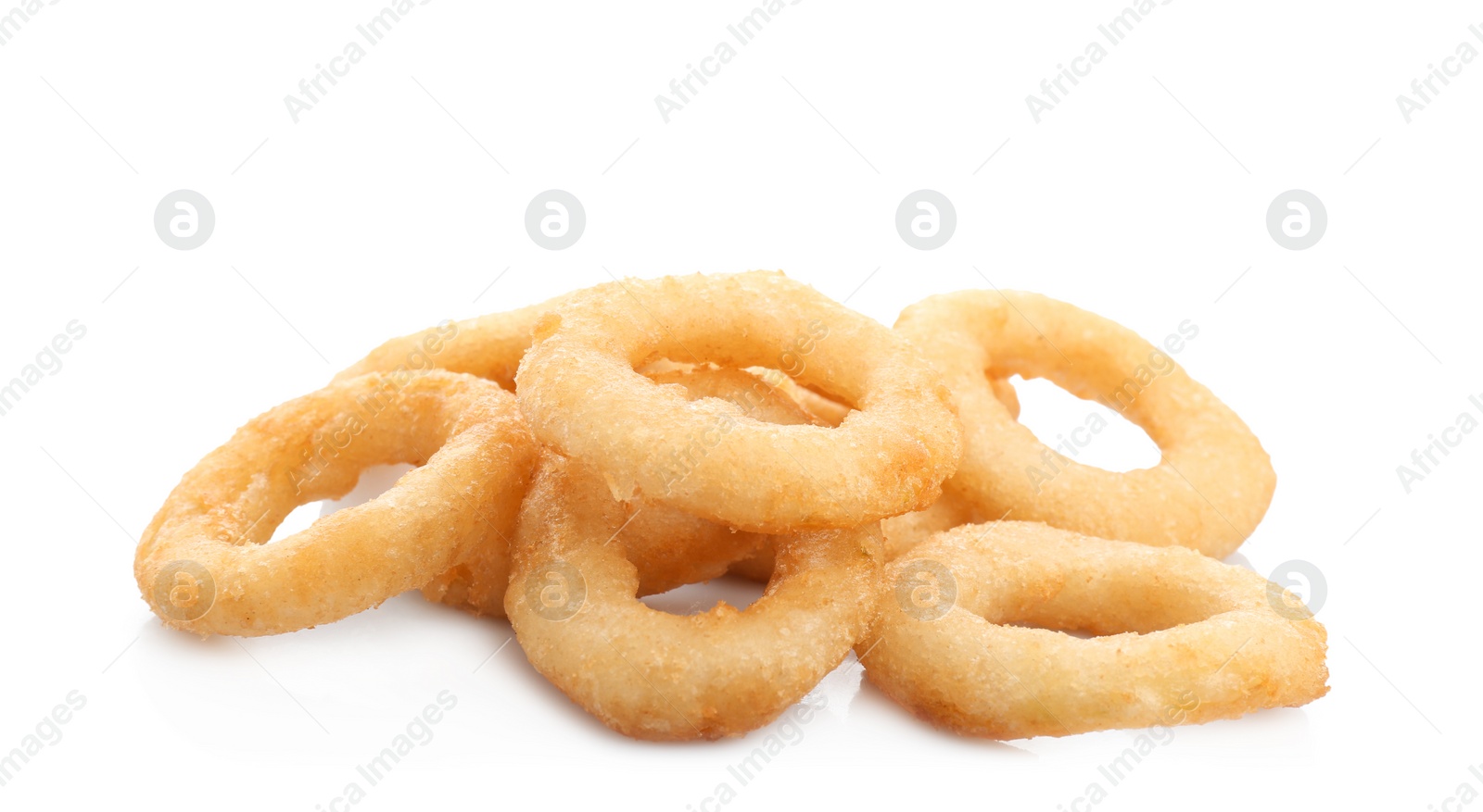 Photo of Freshly cooked onion rings on white background