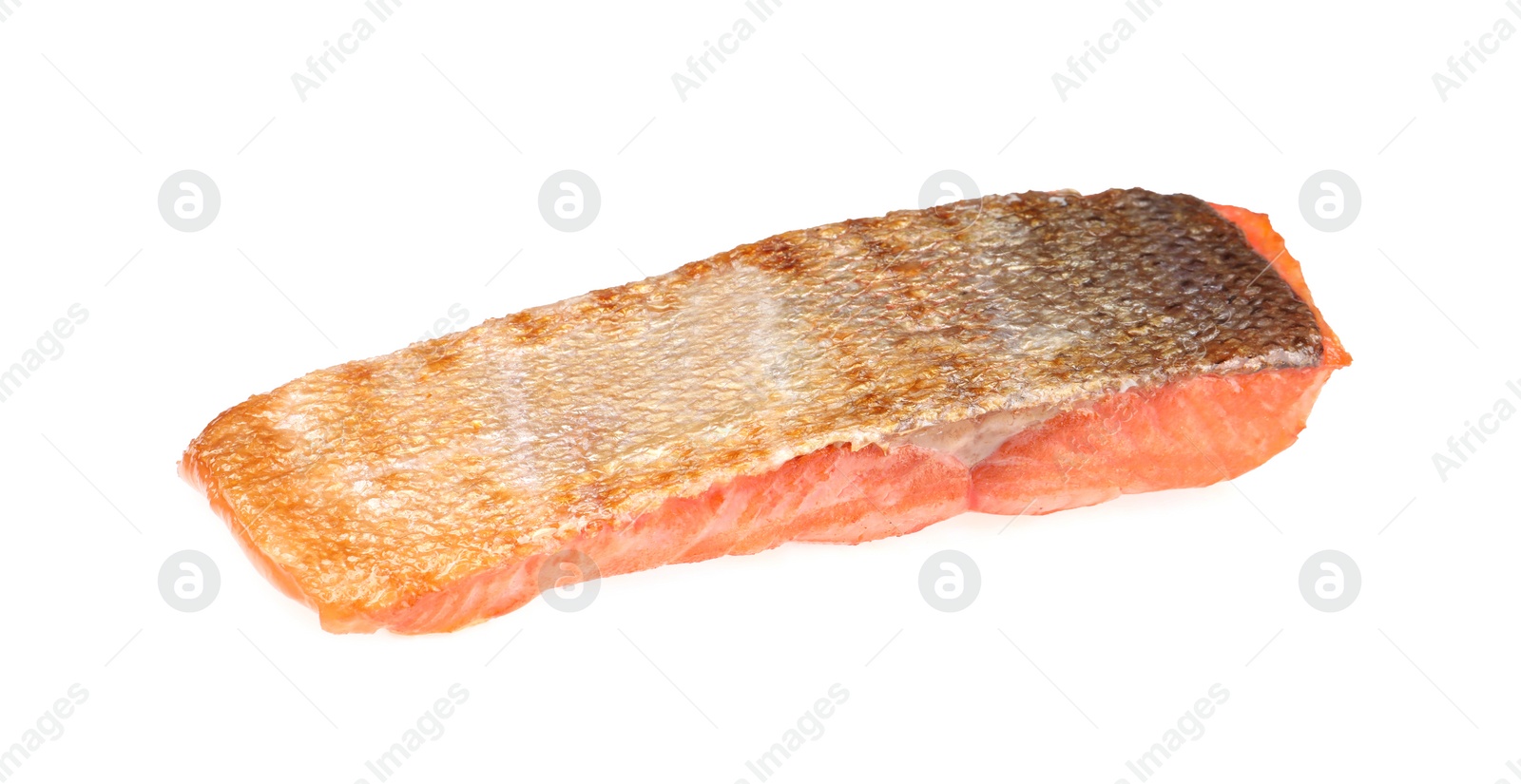 Photo of Piece of tasty grilled salmon isolated on white