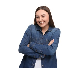 Photo of Beautiful woman with crossed arms laughing on white background