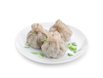 Plate with three tasty khinkali (dumplings) and onion isolated on white. Georgian cuisine