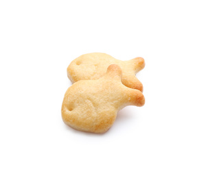 Photo of Delicious crispy goldfish crackers on white background