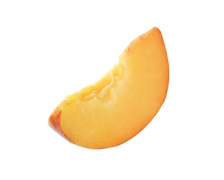 Photo of Slice of sweet juicy peach on white background