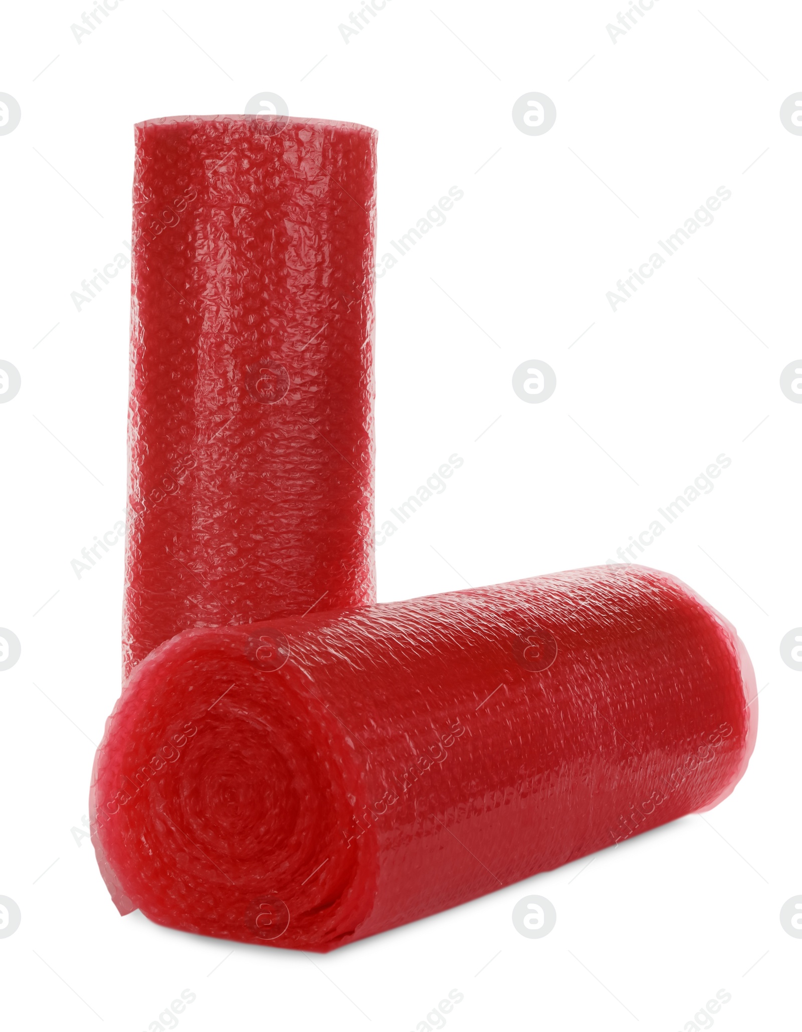 Photo of Red bubble wrap rolls isolated on white