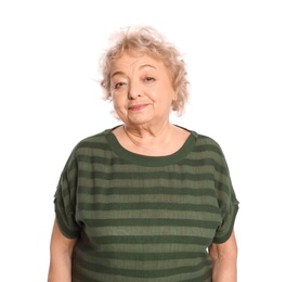 Portrait of elderly woman on white background