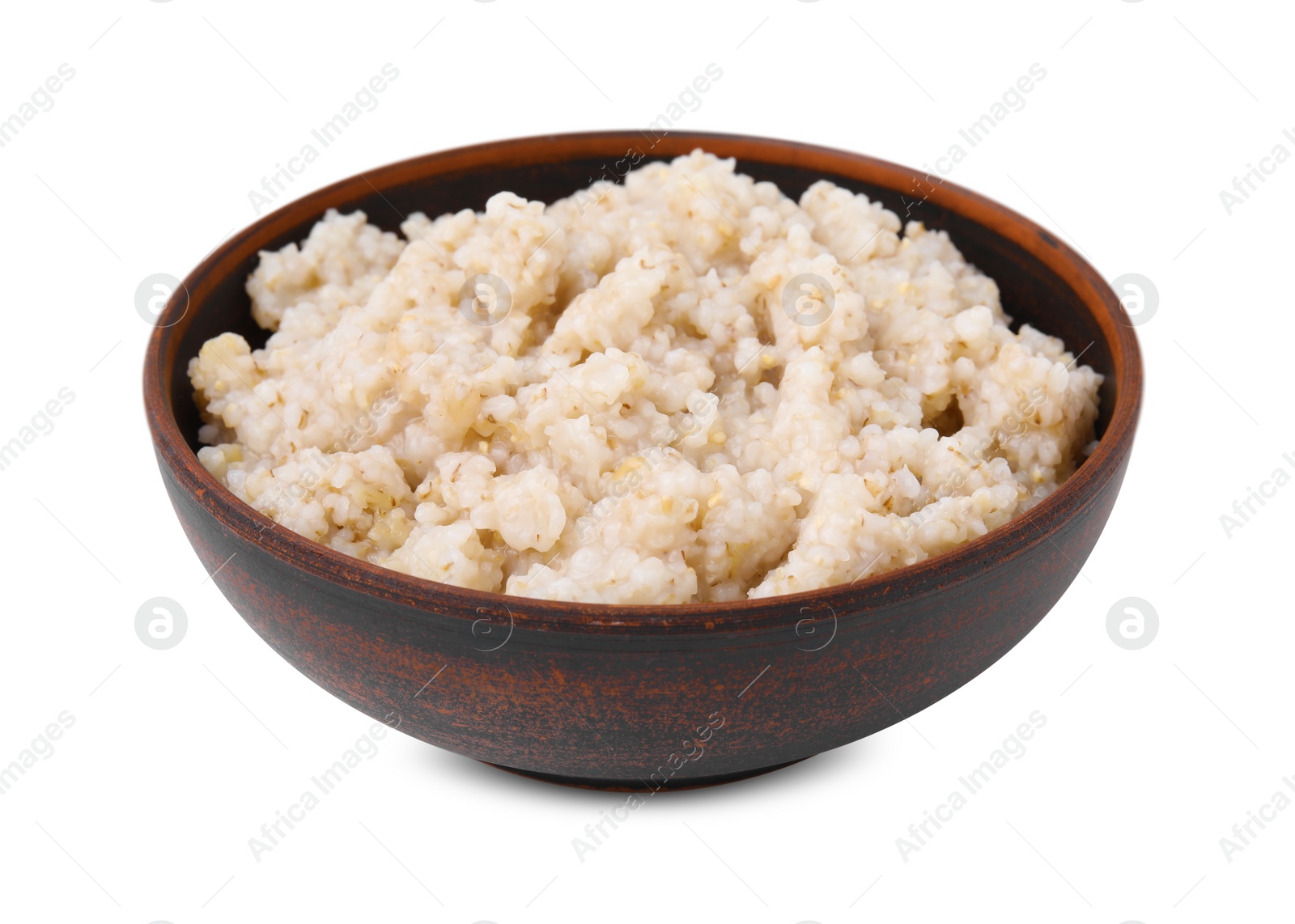 Photo of Delicious barley porridge in bowl isolated on white