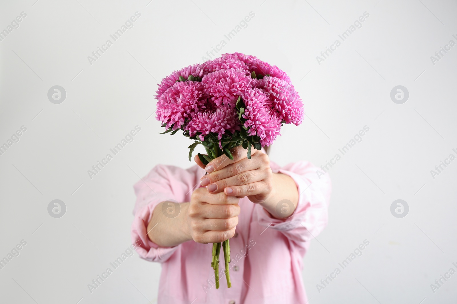 Photo of Woman with bouquet of beautiful asters on light background, closeup. Autumn flowers