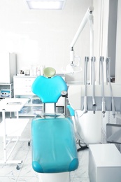 Photo of Dentist's office with modern chair and professional equipment