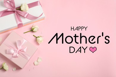 Image of Happy Mother's Day. Greeting card with gift boxes and beautiful flowers on pink background, flat lay