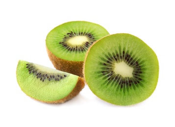 Photo of Pieces of fresh kiwis on white background