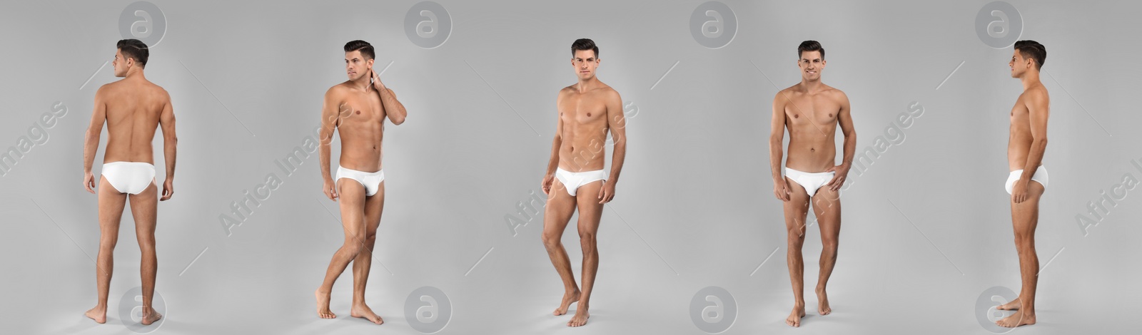 Image of Collage of man in underwear on grey background. Banner design 