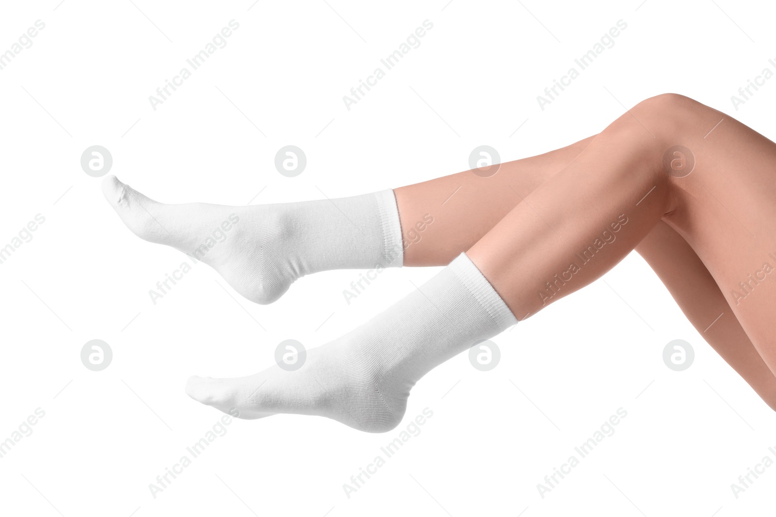 Photo of Woman in stylish socks on white background, closeup