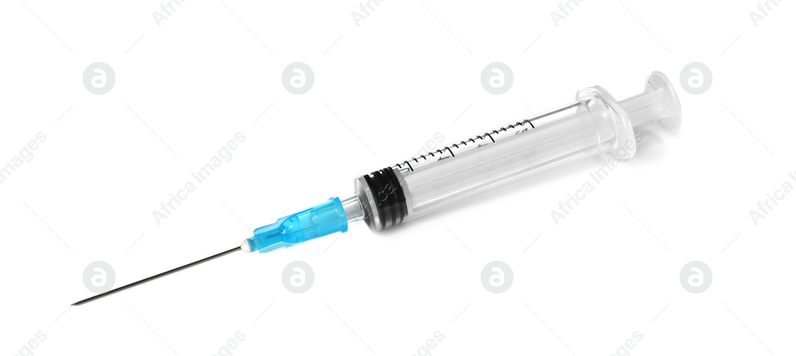 Photo of Plastic syringe on white background. Medical instrument