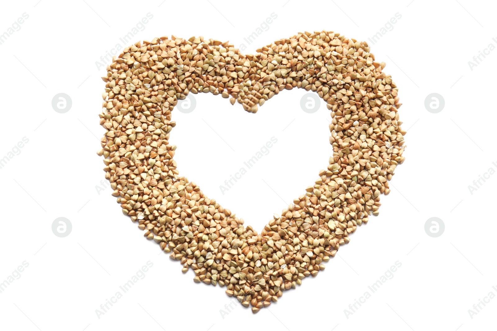 Photo of Heart made with green buckwheat on white background, top view