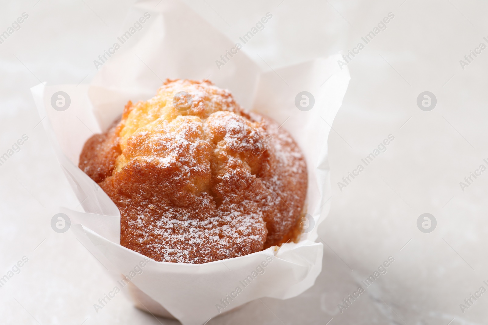 Photo of Delicious muffin with powdered sugar on light table, closeup