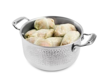 Photo of Stuffed cabbage rolls in pot isolated on white