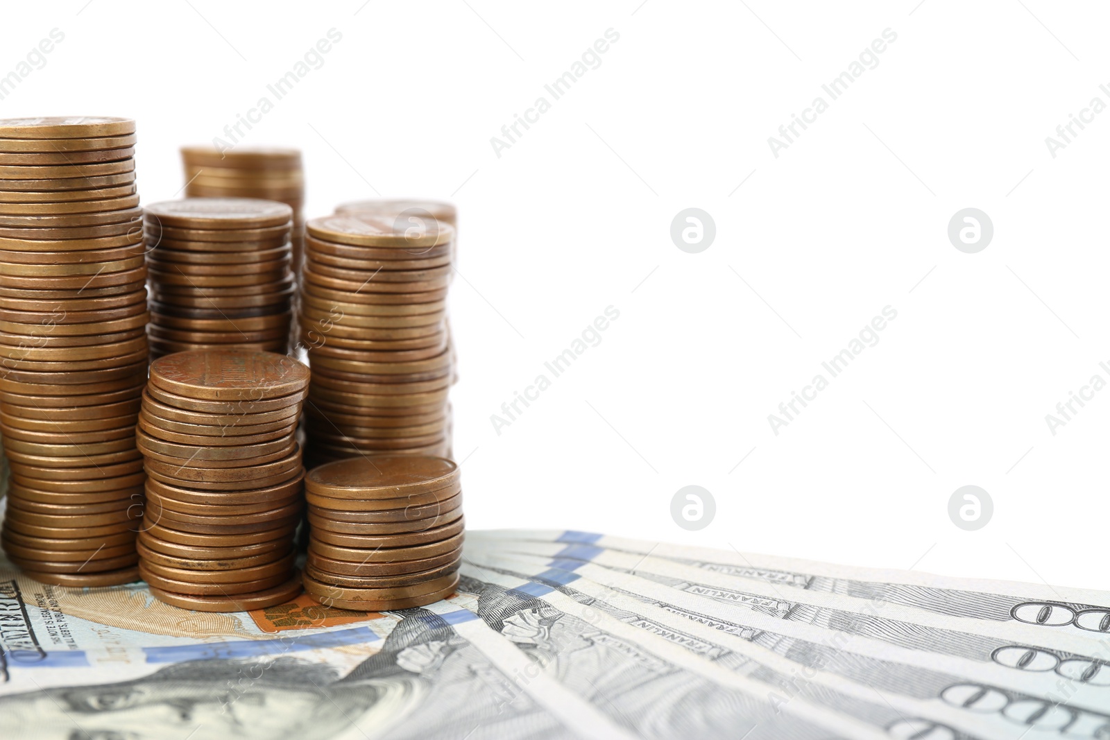 Photo of Dollar bills and coins on white background