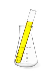 Glass flask and test tube with yellow liquid isolated on white