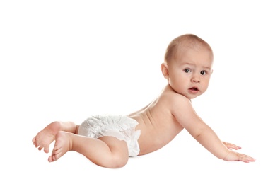 Cute little baby crawling on white background