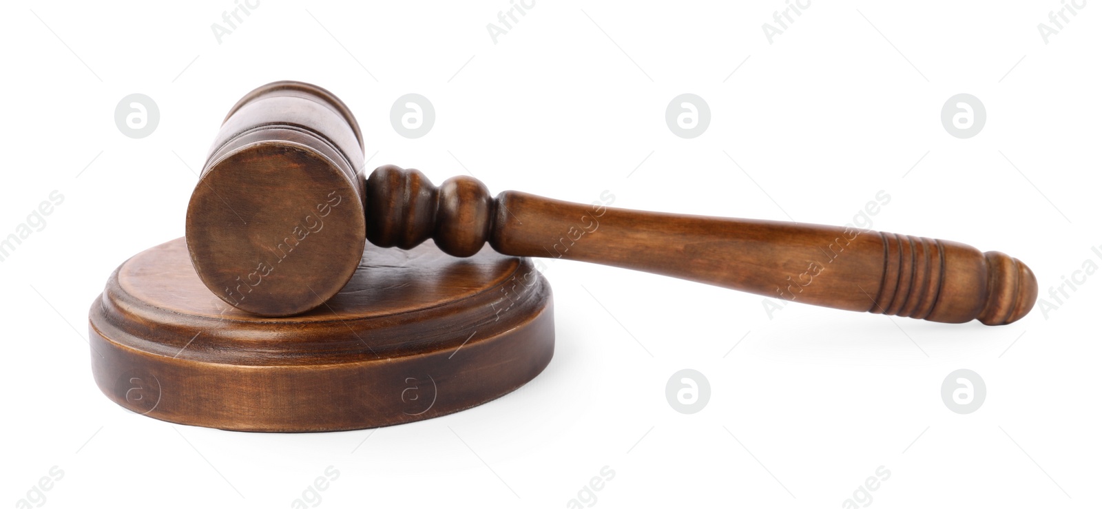 Photo of Wooden gavel isolated on white. Small mallet