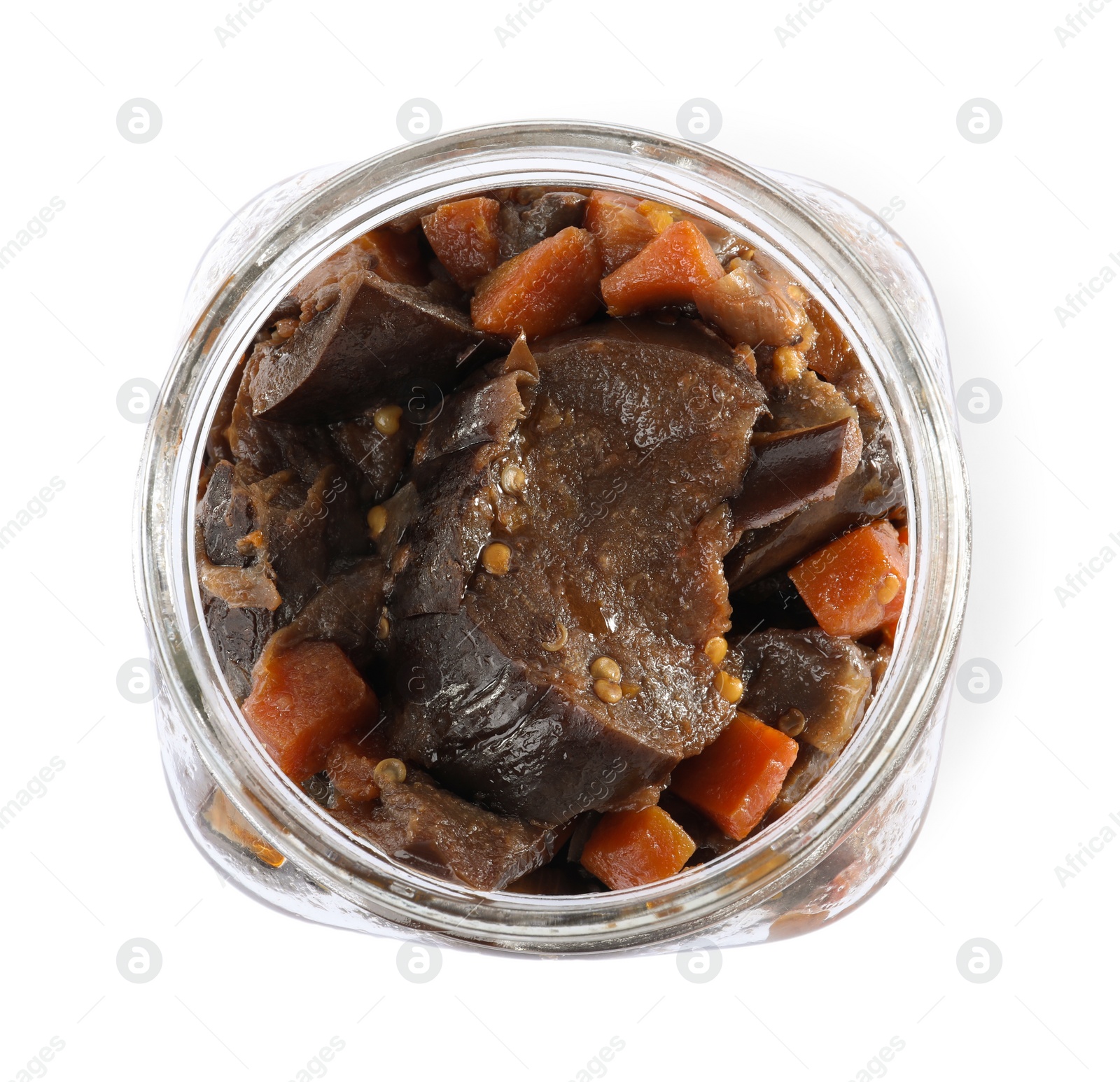 Photo of Open jar of pickled roasted eggplants on white background, top view