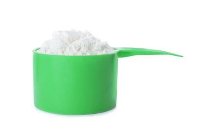 Photo of Scoop of protein powder isolated on white