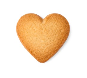 Photo of Tasty heart shaped Danish butter cookie isolated on white, top view