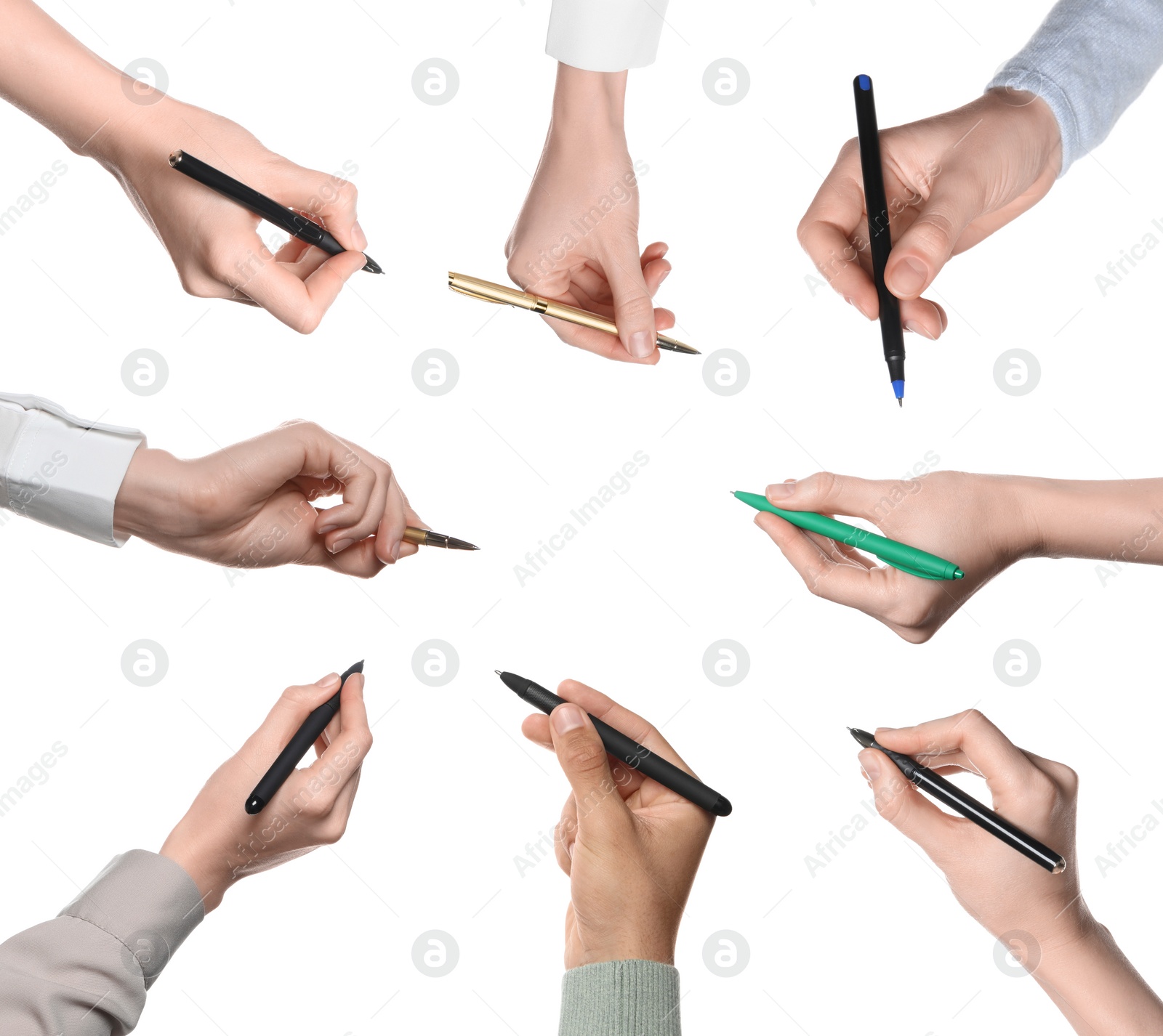 Image of Women and man holding pens on white background, closeup. Collage design