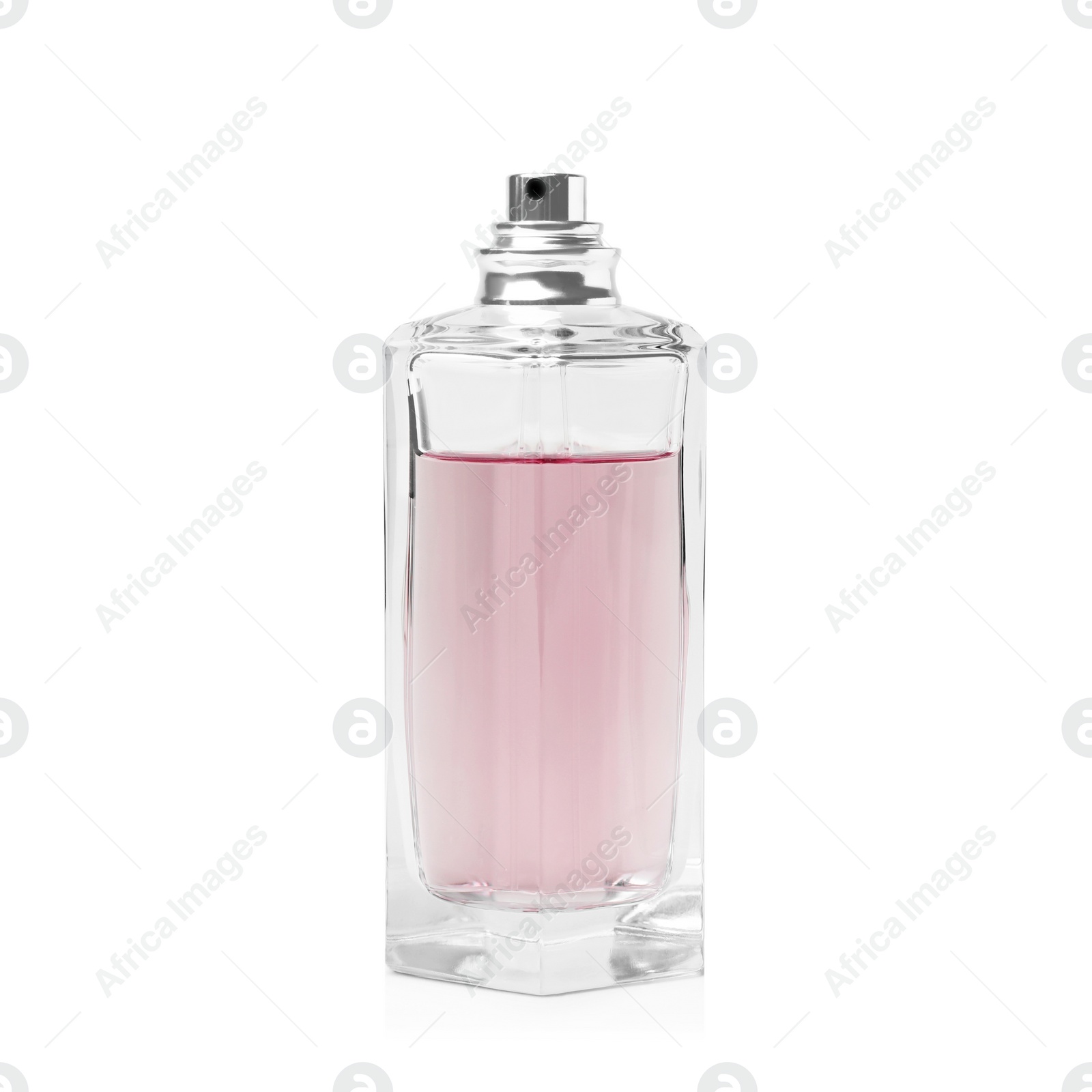 Photo of Transparent bottle of perfume on white background