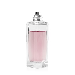 Photo of Transparent bottle of perfume on white background