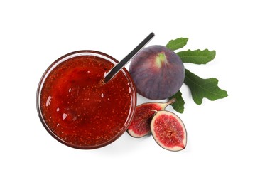 Photo of Glass bowl with tasty sweet jam, fresh figs and green leaf isolated on white, top view