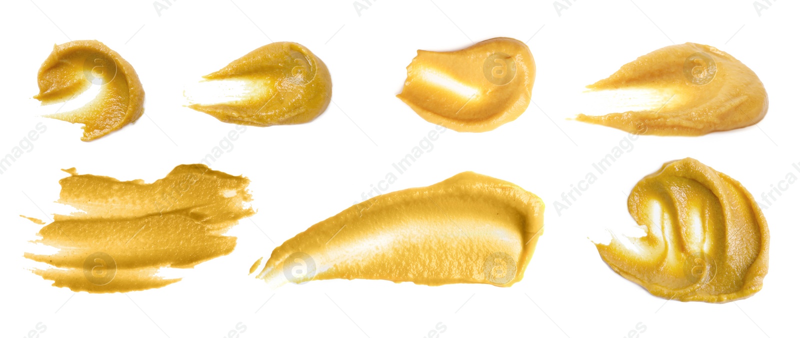 Image of Fresh mustard sauce isolated on white, set. Top view