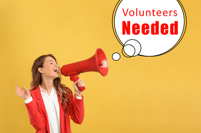 Young woman with megaphone and text VOLUNTEERS NEEDED on yellow background