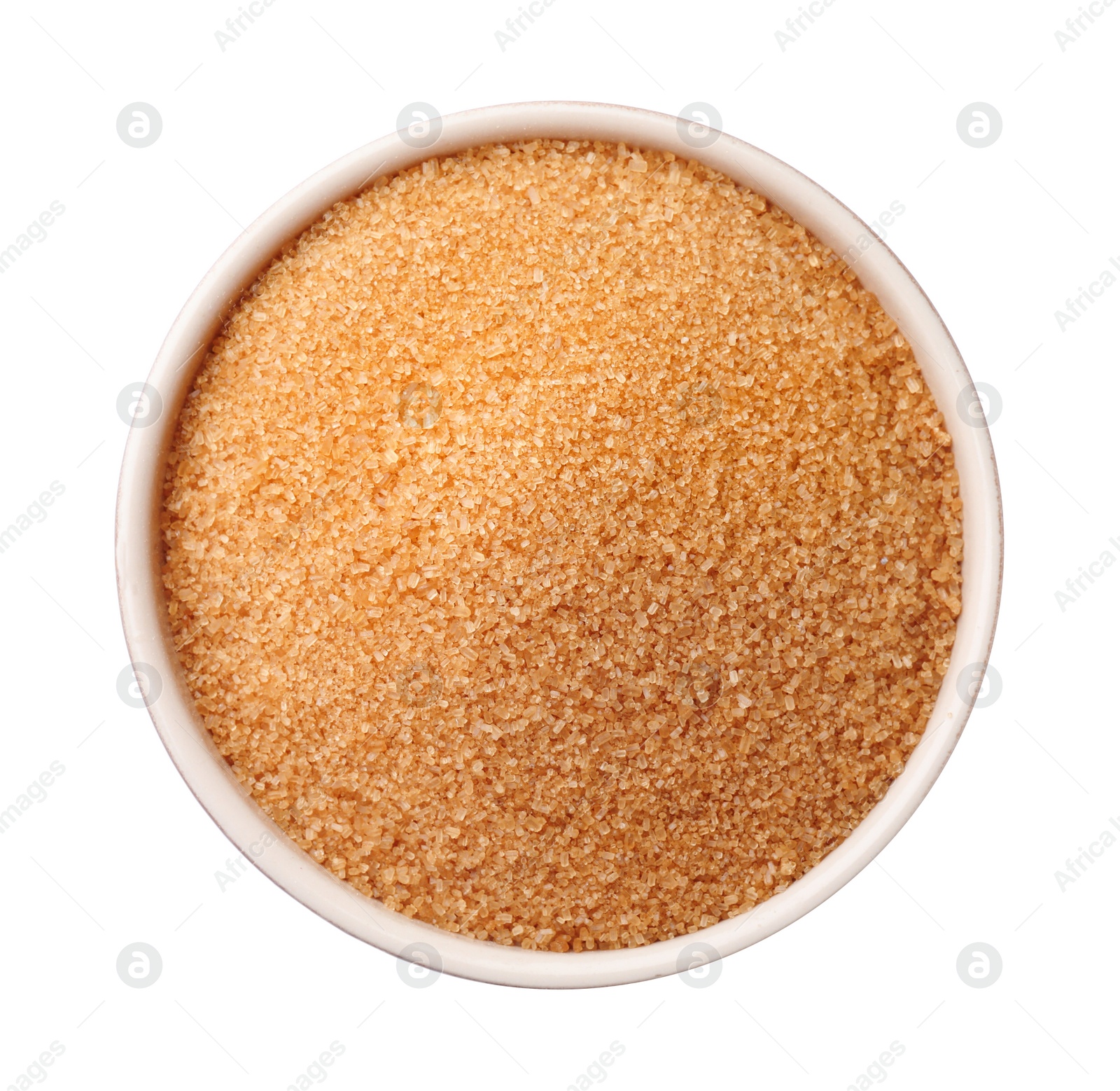 Photo of Brown sugar in bowl isolated on white, top view