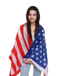 Image of 4th of July - Independence day of America. Happy teenage girl holding national flag of United States on white background