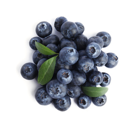 Photo of Fresh ripe blueberries on white background, top view