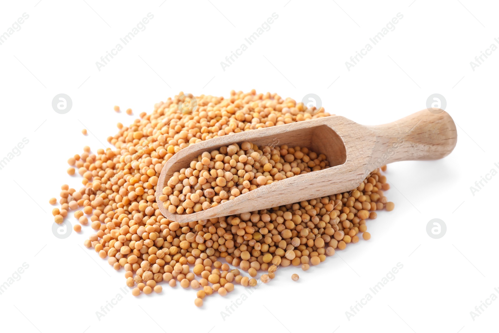 Photo of Mustard seeds with wooden scoop isolated on white