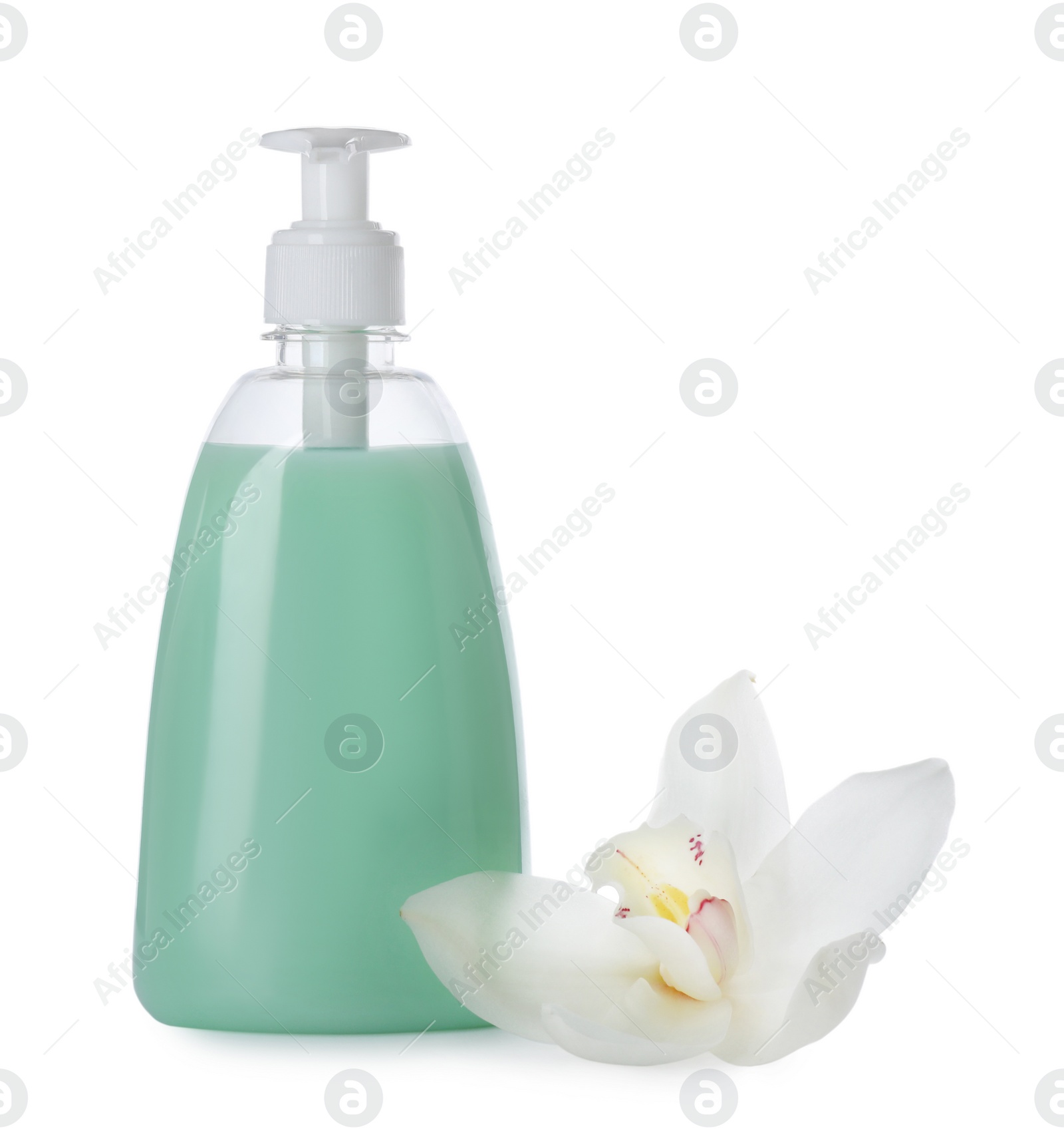 Photo of Dispenser of liquid soap and orchid flower on white background