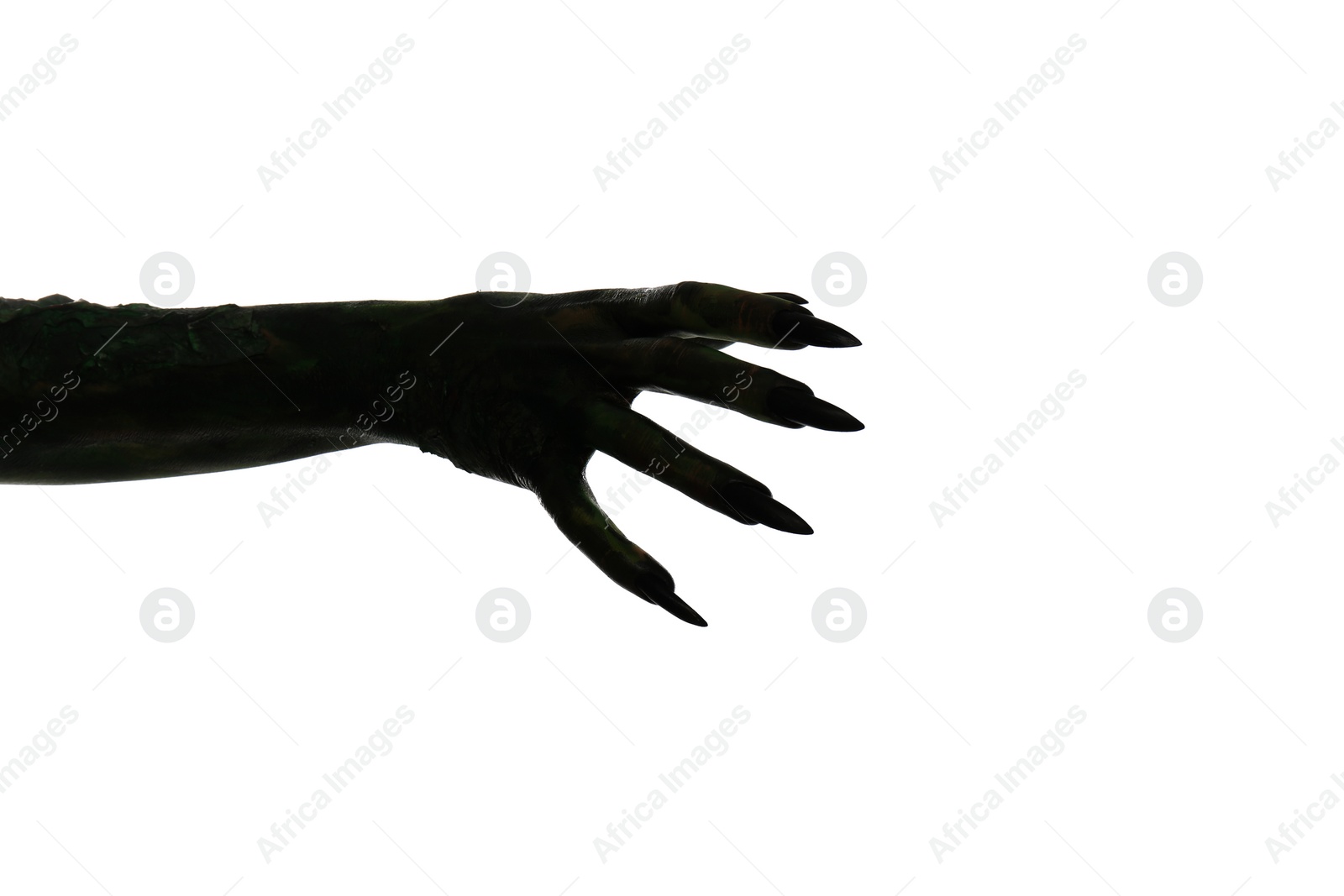 Photo of Scary monster on white background, closeup of hand. Halloween character