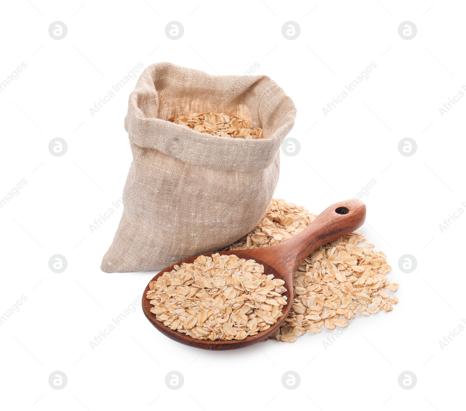 Photo of Sack and spoon with oatmeal isolated on white