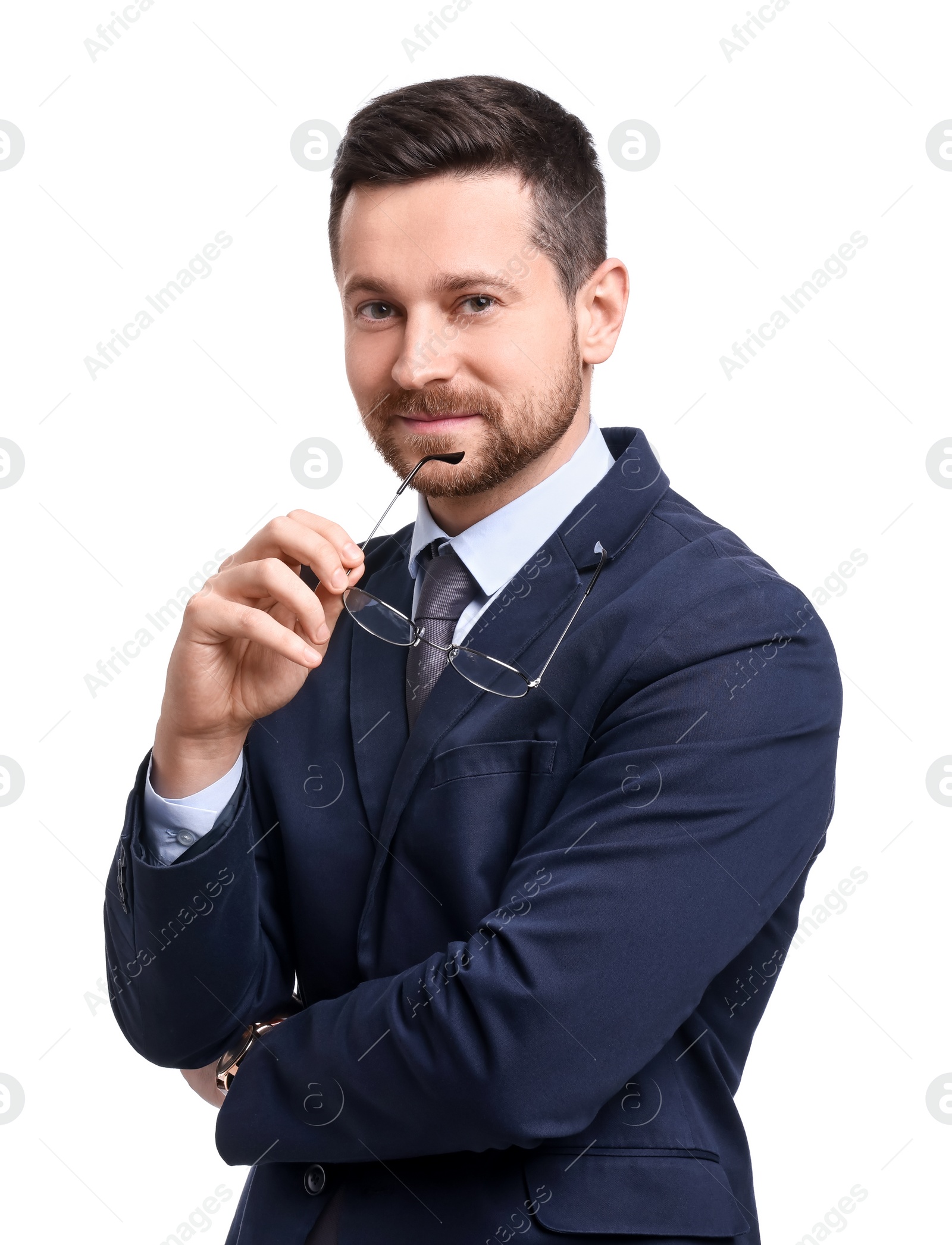 Photo of Handsome bearded businessman in suit on white background