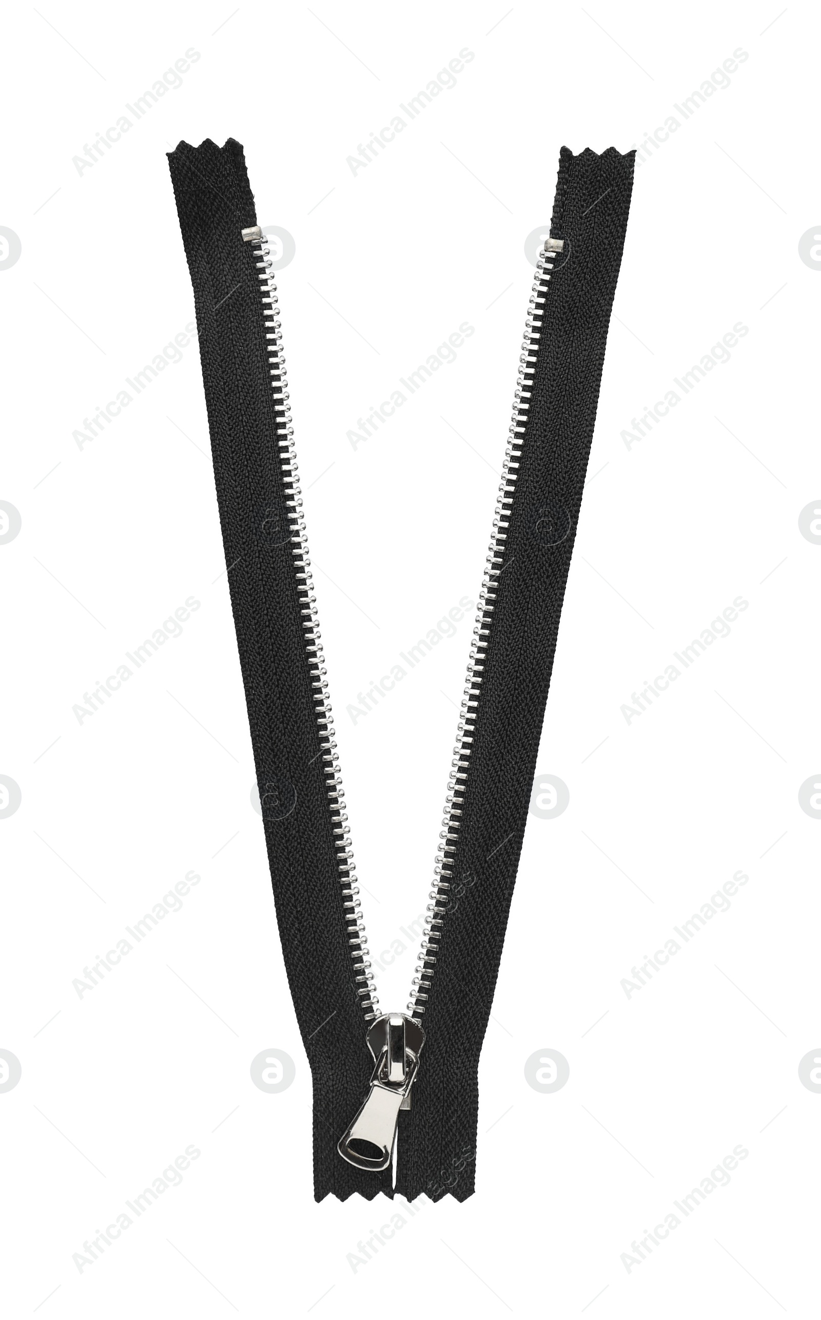 Photo of Black zipper isolated on white, top view